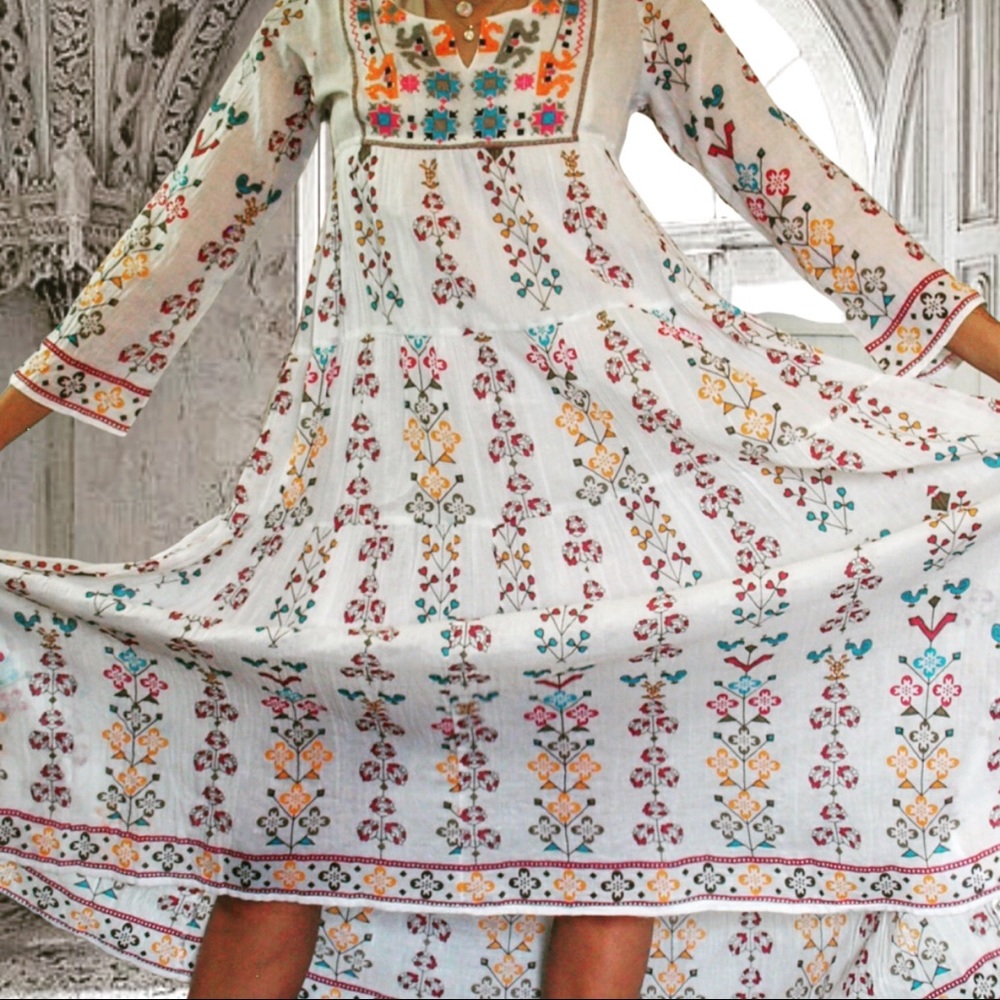 Boho embroidered cotton floral prairie maxi dress